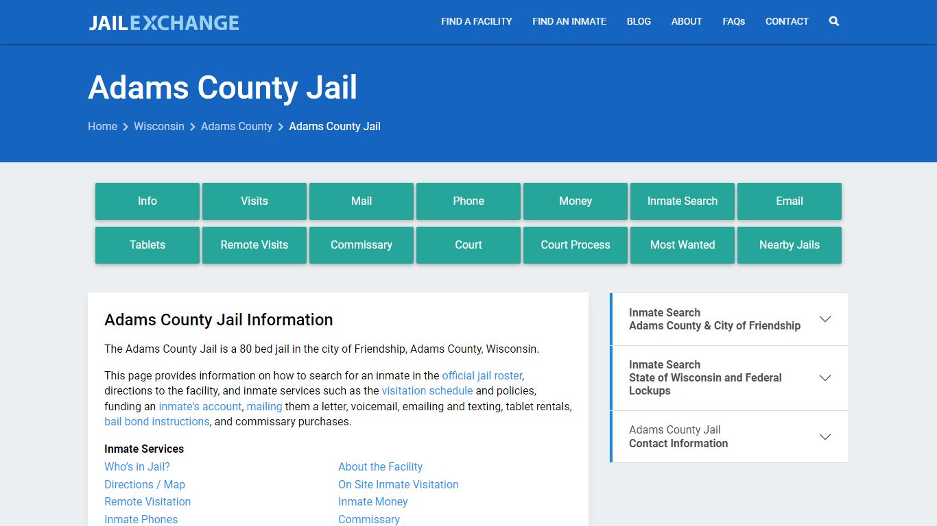 Adams County Jail, WI Inmate Search, Information